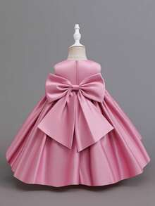 SHEIN Glamorique Kids 女婴缎面连衣裙，带蝴蝶结、花朵蕾丝边和拖尾，白色花童礼服，适合婚礼、洗礼、1 岁生日 - 藕粉色 - 查看 2