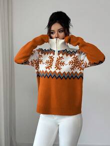 SHEIN Elenzya 优雅女士费尔岛图案拼色拉链毛衣，圣诞节设计，秋冬 - 鏽棕色 - 查看 6