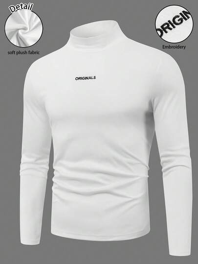 Manfinity Mode Men's Autumn/Winter Turtleneck Long Sleeve T-Shirt, Men's Solid Color Undershirt, Embroidered Letter, Fleece Elastic Fabric, Basic Casual Versatile Men Turtleneck Shirts Long Sleeve Summer T Shirts Summer Turtle Neck Men Full Sleeve T-Shirt Men Mock Neck Long Sleeve T-Shirt Men's Long Sleeve T-Shirt Old Money,Daily Leisure, Weekend Trips, Outdoor Activities, Travel Expeditions, Relaxed Work Environments Or Semi-Formal Occasions, Boyfriend/Husband Gift, Anniversary Gift Party Christmas