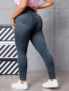 SHEIN ICON 大码女式高腰口袋紧身休闲百搭牛仔裤 - 藍色 - 查看 2
