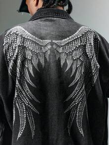 ROMWE MEN Street Life Chaqueta de mezclilla de estilo callejero con hombros caídos, manga larga y corte holgado para hombres