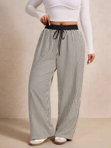 Elaquor Quần ống đứng kẻ sọc dáng rộng thoải mái cho nữ, phù hợp với mọi mùa - Đen và trắng - Xem 5