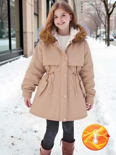 SHEIN Áo khoác đệm cho bé gái tuổi teen, eo rút, túi bên có nắp, lớp lót Sherpa, áo khoác trùm đầu dài tay có cổ lông, trang phục đi làm thường ngày thời trang, thích hợp cho các buổi đi chơi mùa thu/đông, mua sắm, du lịch, có thể kết hợp với quần jean, quần nỉ, áo hoodie