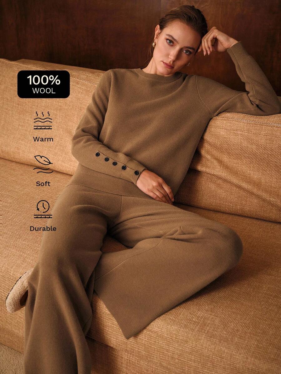 MOTF PREMIUM 2 PEÇAS/CONJUNTO OUTONO/INVERNO: SUÉTER DE LÃ 100% COM DECORAÇÃO DE PUNHO COM BOTÃO + CALÇA DE TRICÔ DE LÃ