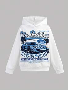 SHEIN 2 件套青少年男孩休闲街头时尚酷炫赛车涂鸦印花连帽衫和运动裤套装，适合通勤、上学、休闲外出、运动、秋冬 - 白色 - 查看 6