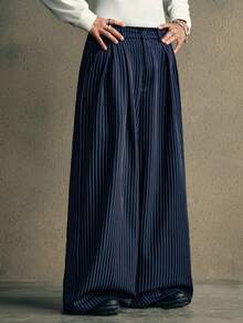 AXEPEAK 男士街头时尚宽松条纹印花裤，秋季 - 藏蓝色 - 查看 3