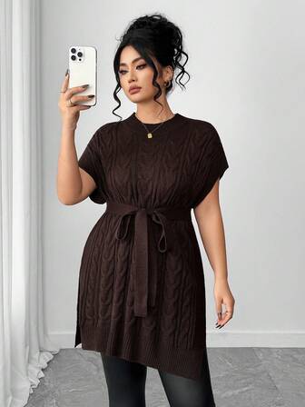 Elenzga Plus Size Solid Color Twist Rope Belt Casual Sweater, Autumn