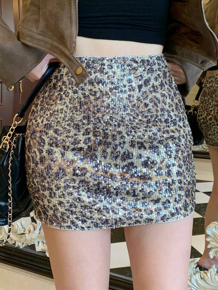 Loose Fit Elegant Sequin Shiny Animal Print Leopard Pattern Full Print Skirt, Suitable For Party, Street, Wedding, Christmas, New Year