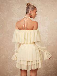 SHEIN Privé 女式休闲度假风格纯色露肩系带荷叶边袖系带迷你连衣裙，春夏秋 - 杏色 - 查看 3