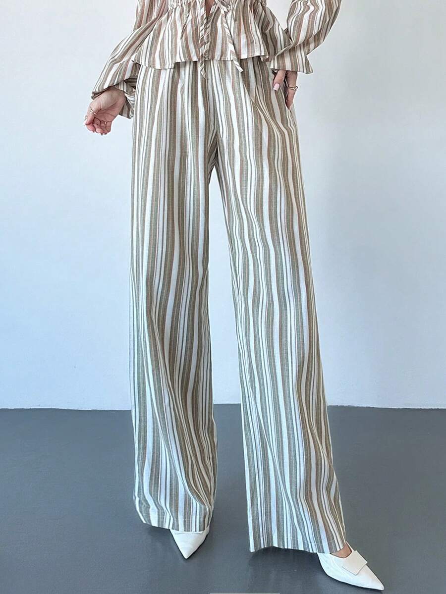 Firerie 女士优雅休闲日常通勤办公裤，灰绿色条纹弹力腰宽松阔腿裤，棉混纺面料，适合秋季、工作、教学、外出、机场等场合，百搭实用 - 彩色 - 查看 1