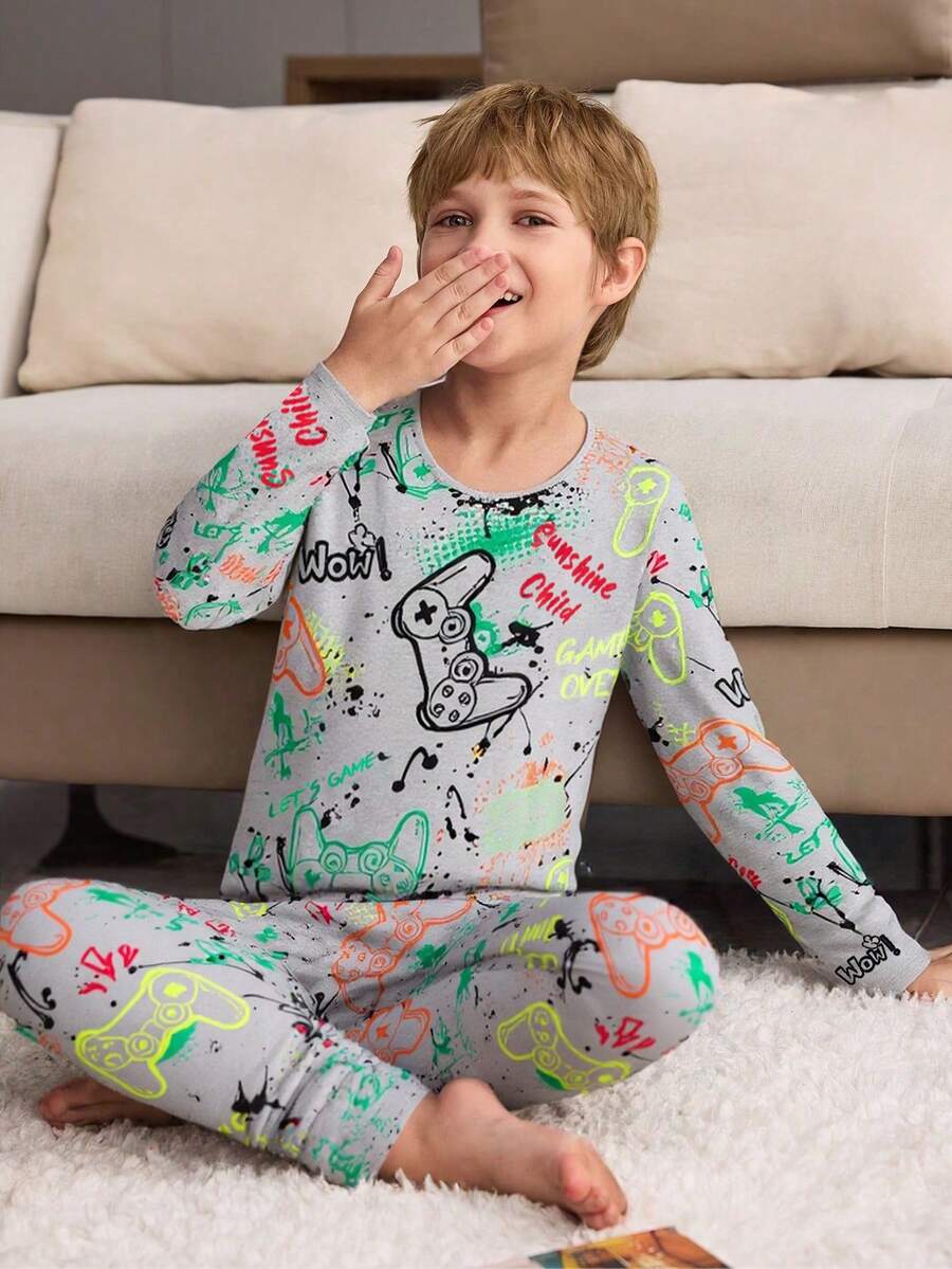 2 件套青少年男孩电子游戏印花睡衣套装 - 长裤和长袖上衣 - 深灰色 - 查看 1