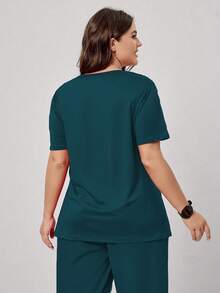 TaskEZ Plus Size Solid Color Short Sleeve Double Pocket Scrub Uniform Top - Teal Blue - View 2