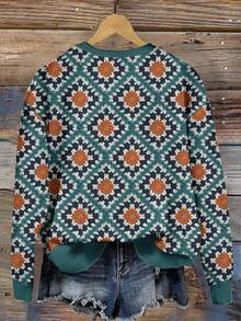 Mellowie 休闲简约菱形针织几何印花圆领宽松女式运动衫，适合秋冬季 - 彩色 - 查看 2