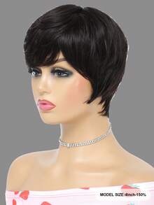 精灵短款假发，带仿头皮，直发，Remy 彩色真人发，机织短假发，自然黑色，女士假发