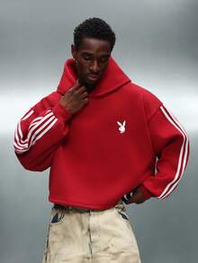 PLAYBOY X SUMWON Cropped Hoodie With Drawstring Centre Pocket White Stripe Sleeve Detail Casual Streetwear Pullover - Red - View 3