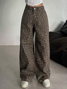 Dazy Tall 女式高腰/长款豹纹直筒休闲牛仔裤 - 棕色 - 查看 1