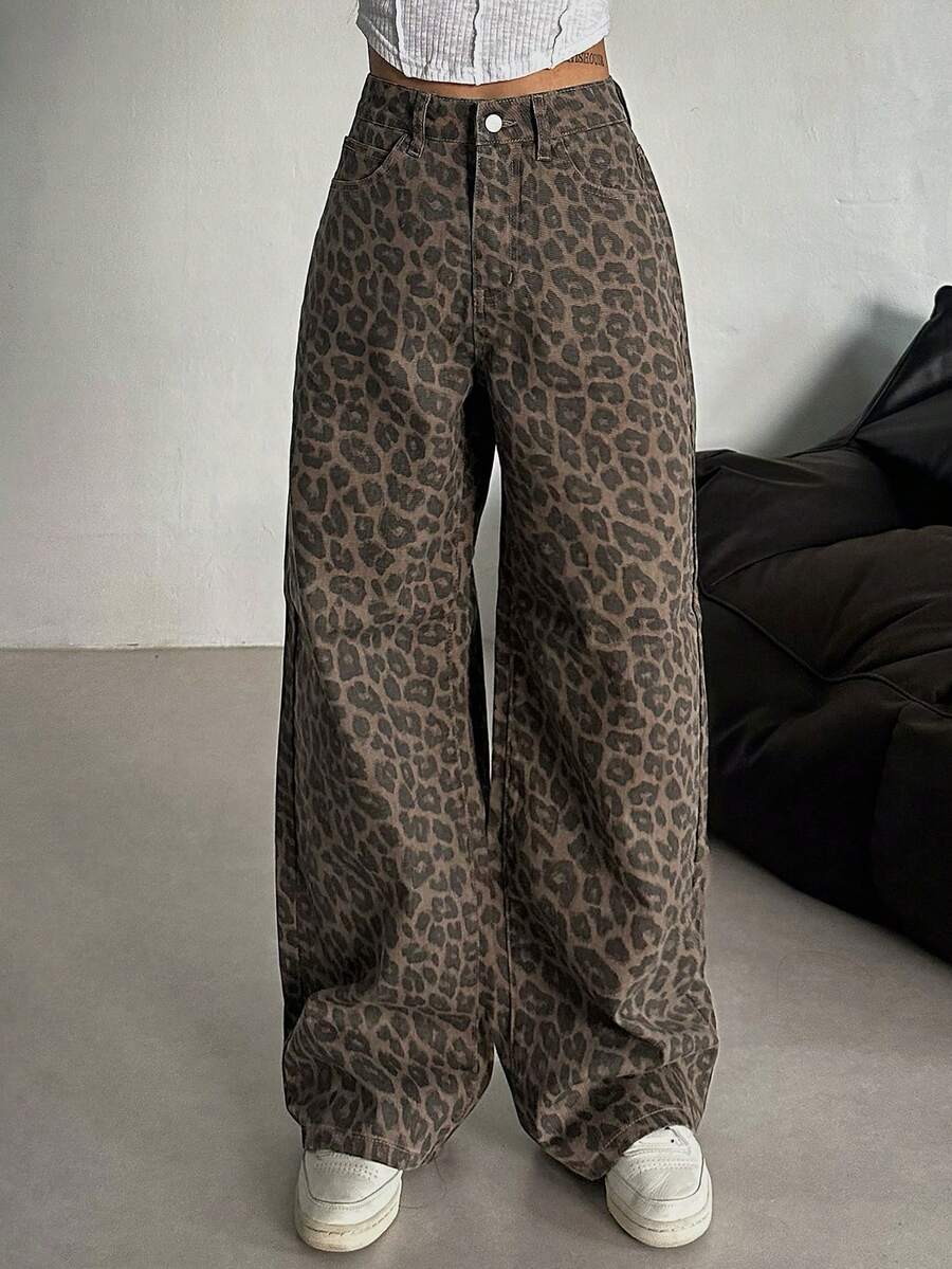 Dazy Tall 女式高腰/长款豹纹直筒休闲牛仔裤 - 棕色 - 查看 1