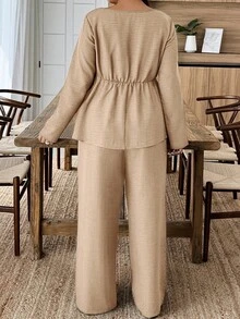 Weeklong 2pcs Set Square Neck Scalloped Hem Faux Linen Pants Suit - Khaki - View 2