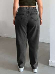 EURMUSE Plus Casual High Waist Snow Wash Mom Fit Jeans - Light Grey - View 2