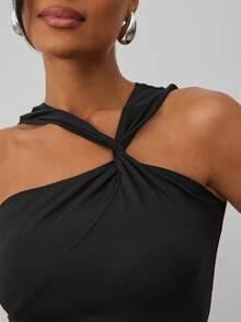 Hauture Women's Fashion Sexy Solid Color Asymmetric Halter Top - Black - View 2