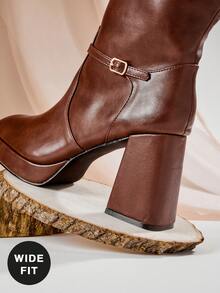 SHUZIA 女式宽筒时尚舒适粗跟及膝靴，带金属扣装饰 - 棕色 - 查看 6