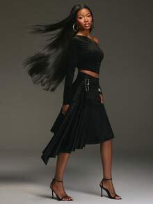 SPÓDNICA NYA SZN - WYSOKO WYKOŃCZONA WELUROWA Z KLAMRĄ Z BOKU I ASYMETRYCZNYM DOŁEM, CZARNA SPÓDNICA MIDI, ŚWIĄTECZNY HALLOWEEN, STYLIZACJE NA JESIEŃ DLA KOBIET