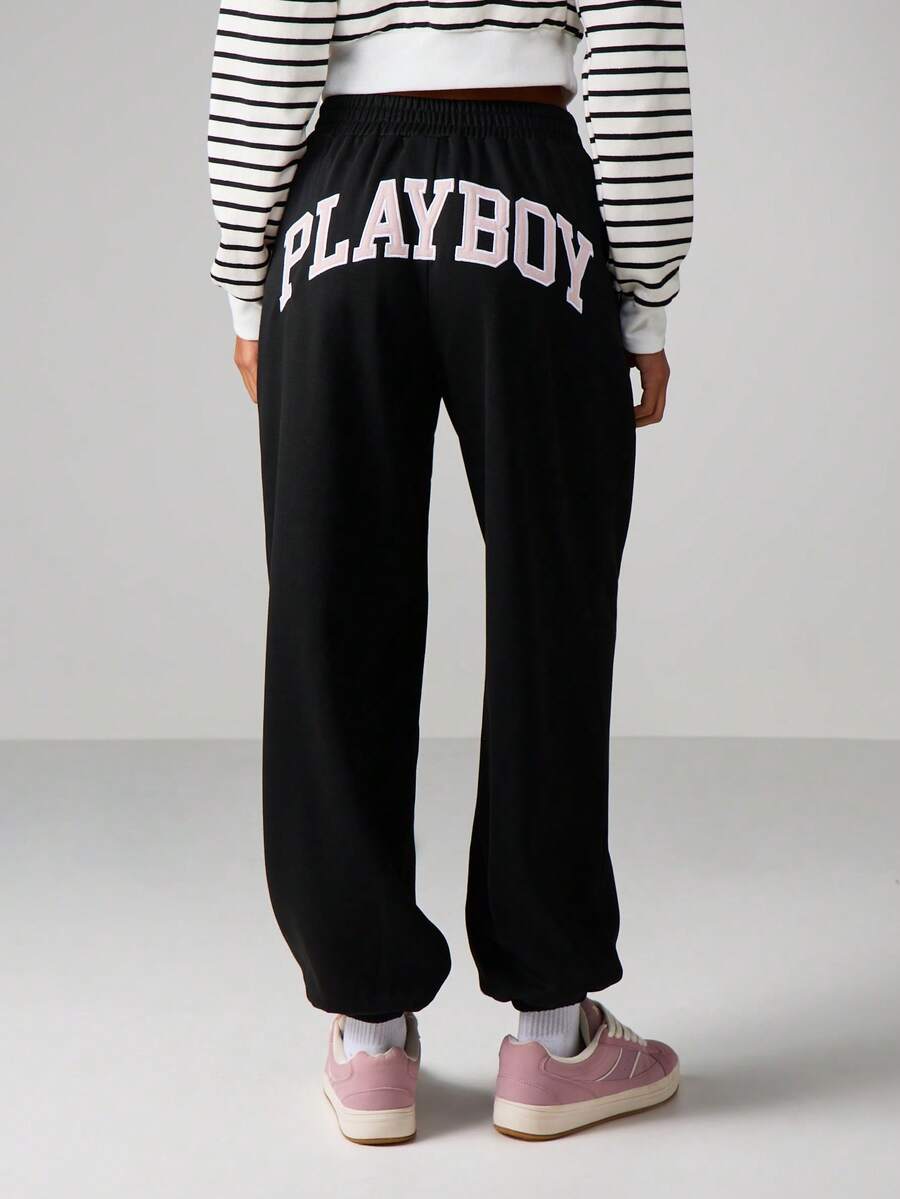 Missguided x Playboy Button Detail Cuffed Joggers For Casual Loungewear And Everyday Comfort With Elastic Waistband - Black - View 1