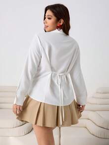 Solflare Plus Size Women Casual Solid Color Shirt, Autumn/Winter - White - View 3