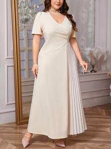 Firerie Plus Size Women Elegant Ruched Casual Stretchy A-Line Short Sleeve Dress For Date And Party, Spring/Summer,Graduation Dress - Apricot - View 11