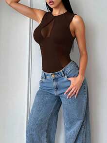 SHEIN SXY Women's Brown Plain Tank Bodysuit Knitted Fabric Sleeveless Cold Shoulder Round Neck With Sexy Semi-Sheer And Cut Out Details Sexy Bodysuit Women Bodysuits Brown Bodysuit Brown Swimsuit Women Brown Body Suit Brown Sleeveless Bodysuit - Brown - View 4