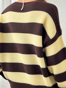 SHEIN EZwear 宽松咖啡棕色和奶黄色条纹超大长袖套头衫，适合秋冬季休闲装 - 彩色 - 查看 7