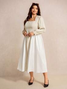 Elaquor Plus Size Elegant Minimalist Fashion Patchwork Ruched Square Neck Midi Dress For Women