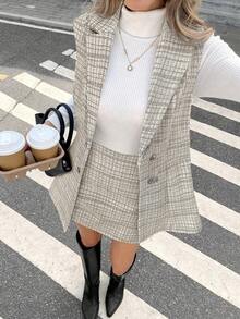 Serisse 女士秋冬格子翻领双排扣无袖夹克和中长裙优雅两件套 - 米色 - 查看 3