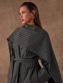 SHEIN BAE Áo khoác ngoài dài tay kẻ sọc buộc dây phía trước cho nữ mùa thu/đông, phong cách mùa thu/đông, áo khoác dài màu xám thanh lịch, ấm áp và thời trang, hoàn hảo cho các bữa tiệc và buổi đi chơi thường ngày - Màu xanh hải quân - Xem 5