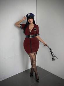 POPSWAY Plus Size Women Cosplay Costume Blue Dress - Burgundy - View 4
