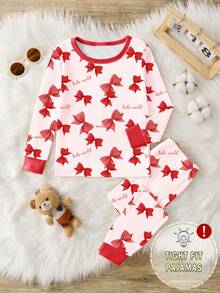 1set Baby Girls' Pink Bow & Letter Print Crew Neck Long Sleeve Snug Fit Pajama Set, Suitable For Christmas Gift