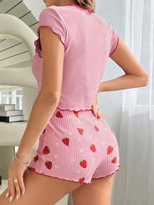 Snug Zone Conjunto de pijama con estampado de fresa y ribete de volantes para mujer - Multicolor - Ver 4