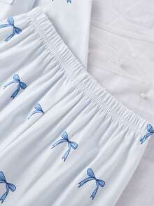 2pcs/Set Young Girl' Casual Cute Blue Bow Pattern Long Sleeve Top And Pants Loungewear Set Cute Pj Sets Light Blue Pj Set - Baby Blue - View 4