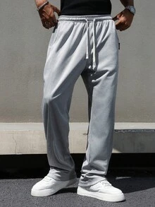 Manfinity EMRG Men's Casual Solid Color Drawstring Waist Sweatpants Loose Straight Leg Grey Summer Baggy Gym Oversized Pants Streetwear - Light Grey - View 3
