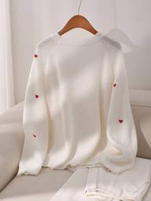 CosyJoli 大码女式秋冬长袖心形刺绣开衫 - 米色 - 查看 2