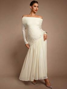 MaterniChic Maternity Off Shoulder Long Sleeve Floral Embroidery Dress Elegant White Autumn Wedding Guest Luxury Chic Baby Shower Pregnancy Photoshoot Dress - Apricot - View 1