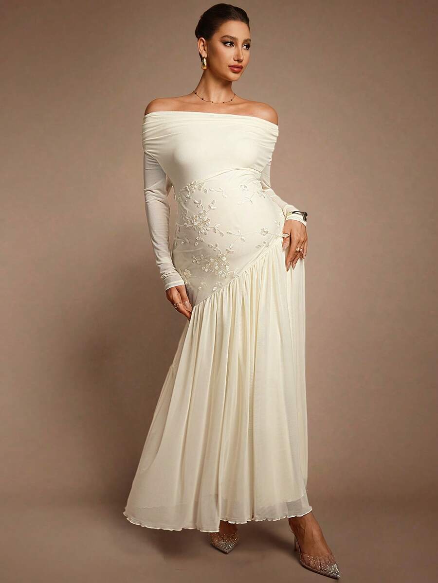 MaterniChic Maternity Off Shoulder Long Sleeve Floral Embroidery Dress Elegant White Autumn Wedding Guest Luxury Chic Baby Shower Pregnancy Photoshoot Dress - Apricot - View 1