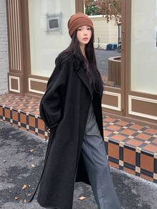 DAZY 女士休闲宽松长袖翻领长款羊毛混纺大衣，适合都市生活方式，秋冬 - 黑色 - 查看 2