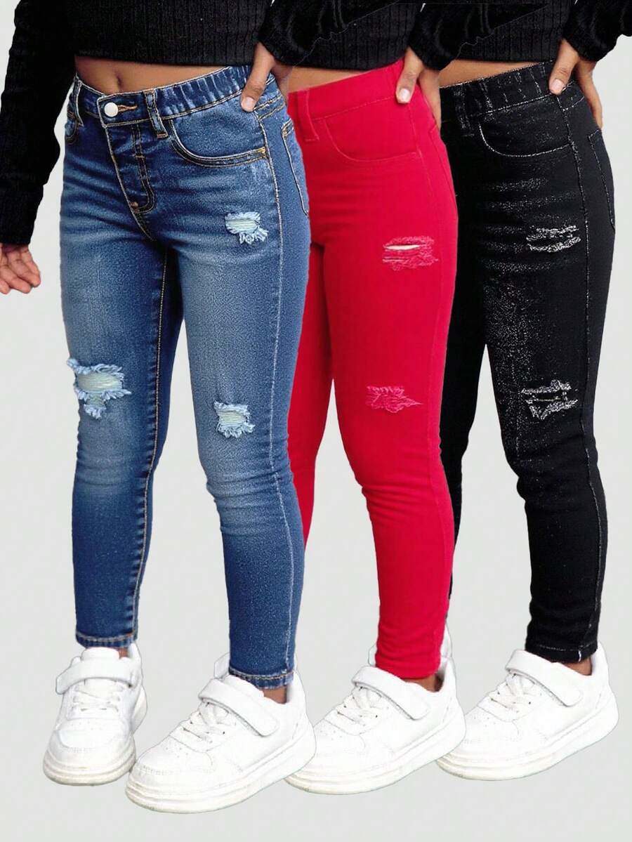 SHEIN 3件套年轻女孩Y2K牛仔紧身裤，红色、蓝色、黑色，带做旧细节，秋季、冬季、休闲时尚度假，2000年代风格，万圣节牛仔裤，圣诞节。 - 彩色 - 查看 1