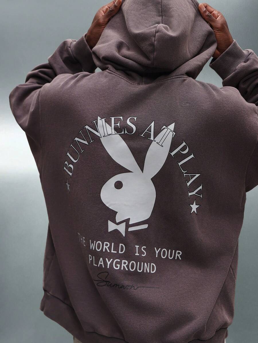 PLAYBOY X SUMWON Oversized Pullover Hoodie With Drawstring And Centre Pocket For Casual Winter Streetwear