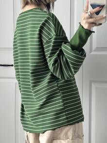 FRIFUL Women's Loose Fit Round Neck Drop Shoulder Long Sleeve Half-Placket Striped Casual T-Shirt