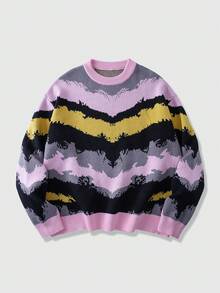 ROMWE MEN Street Life Men's Contrast Color Pattern Loose Fit Crew Neck Long Sleeve Sweater - Multicolor - View 1