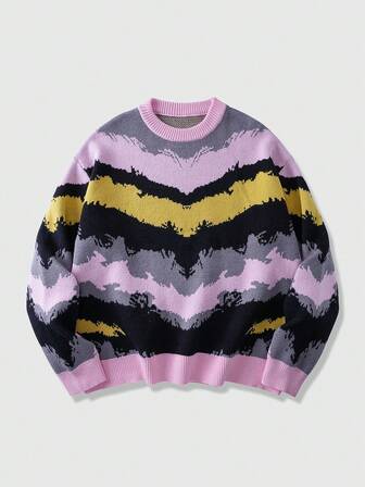 Street Life Maglione oversize da uomo a girocollo, a maniche lunghe, con motivo a contrasto di colori