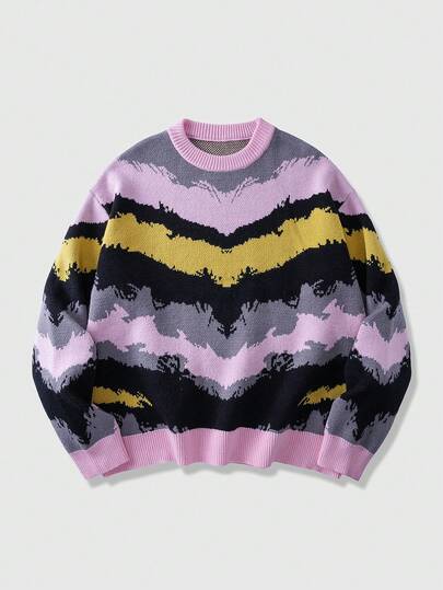 Street Life Jersey de cuello redondo de manga larga con ajuste holgado y estampado de colores contrastantes para hombre