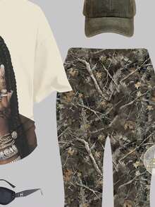 Bộ 2 món áo thun họa tiết hình xăm dấu vân tay cá nhân hóa tối giản giản dị và quần ống rộng, hàng mới về mùa thu, áo thun cổ tròn tay ngắn rộng, họa tiết cành cây và lá hoa, phong cách Punk, thời trang đường phố, cổ điển, trang phục trở lại trường, dễ thương, trang phục dã ngoại gia đình mùa xuân hàng ngày, phù hợp cho nhiều dịp khác nhau, bộ trang phục cho bé gái tuổi teen - Nhiều màu - Xem 4